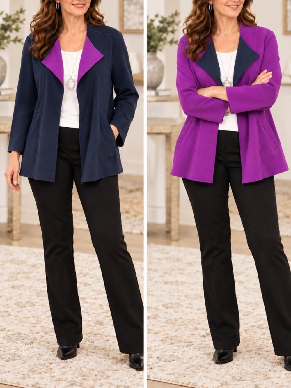 NEW Chico's Travelers Reversible Jacket Purple Navy Size 3 16 / 18